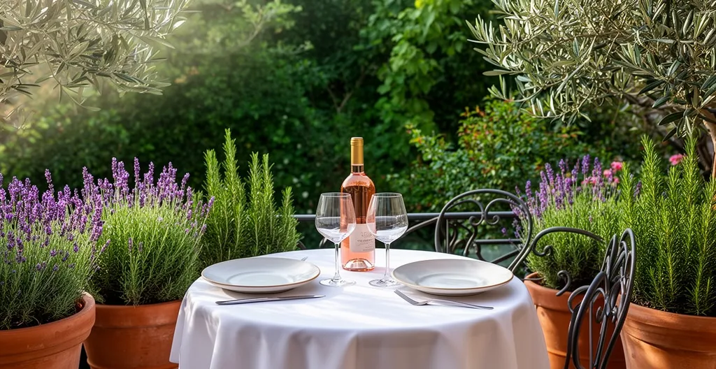 Petite table dressée pour deux personnes sur une terrasse avec vue jardin