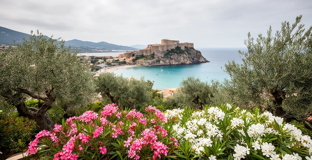 Vue panoramique sur la citadelle de Calvi et sa baie depuis une résidence en hauteur