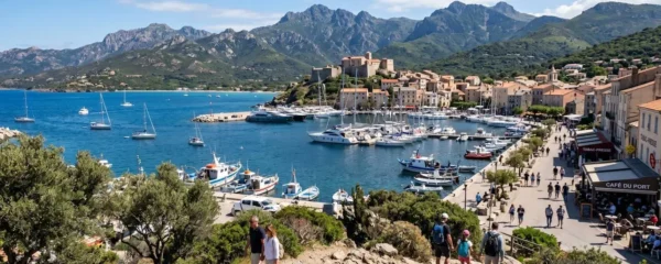 Vue panoramique sur le golfe de Saint-Florent avec son port de plaisance, ses eaux turquoise et l'arrière-pays montagneux corse en fond