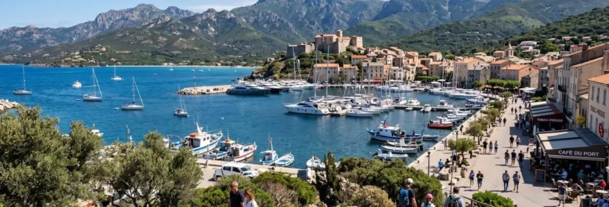 Vue panoramique sur le golfe de Saint-Florent avec son port de plaisance, ses eaux turquoise et l'arrière-pays montagneux corse en fond
