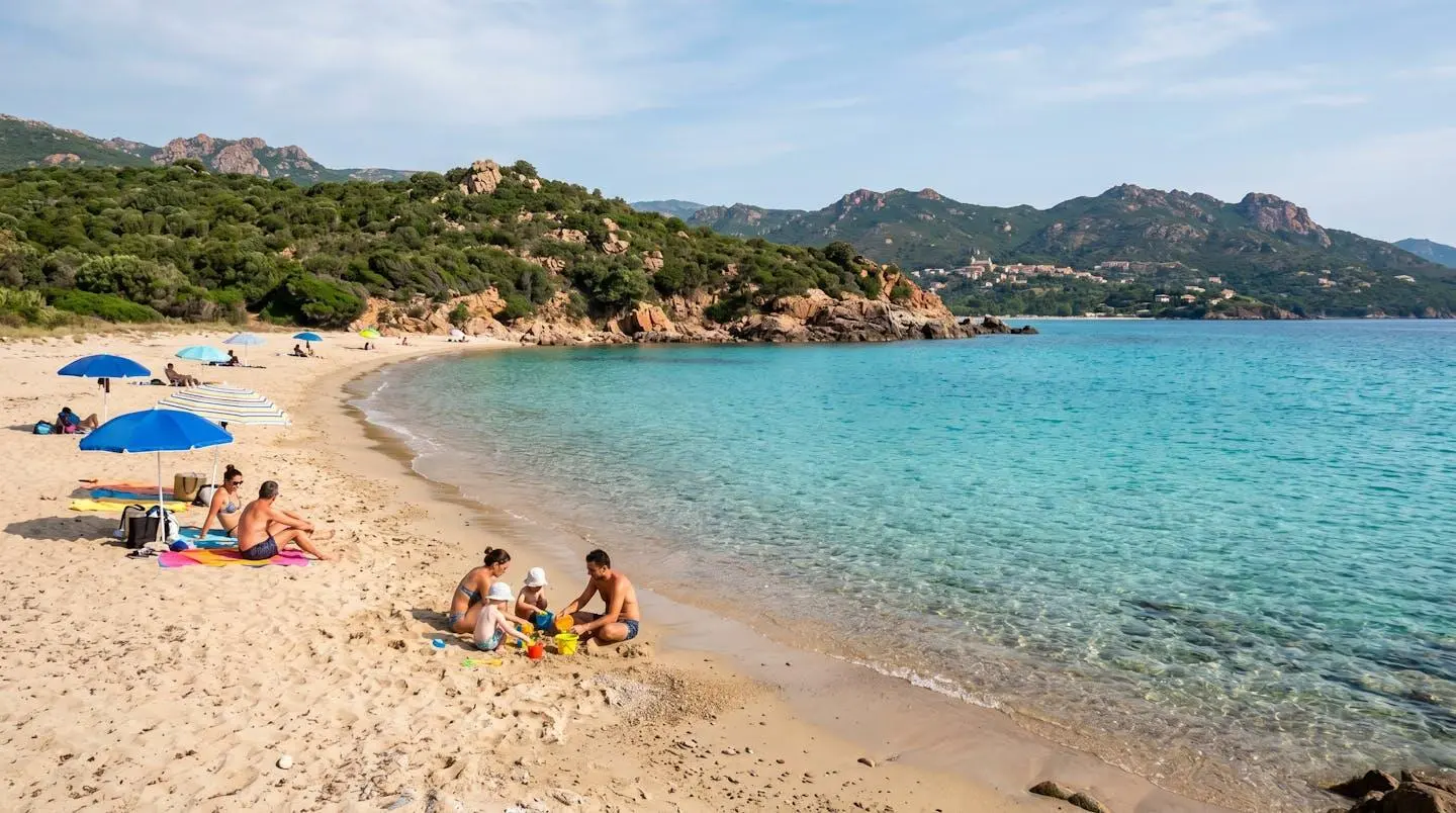 Plage de sable fin en Balagne avec eau turquoise transparente, quelques familles et parasols colorés, végétation de maquis corse et rochers en arrière-plan