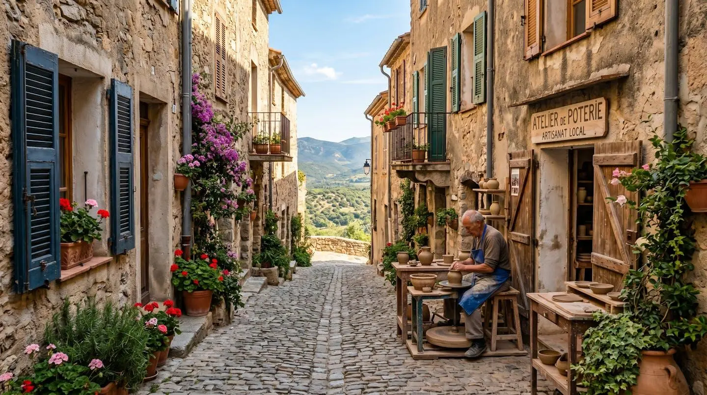Rue pavée dans un village perché de Balagne avec maisons en pierre traditionnelles, artisan travaillant devant son atelier, bougainvilliers et vue sur la vallée
