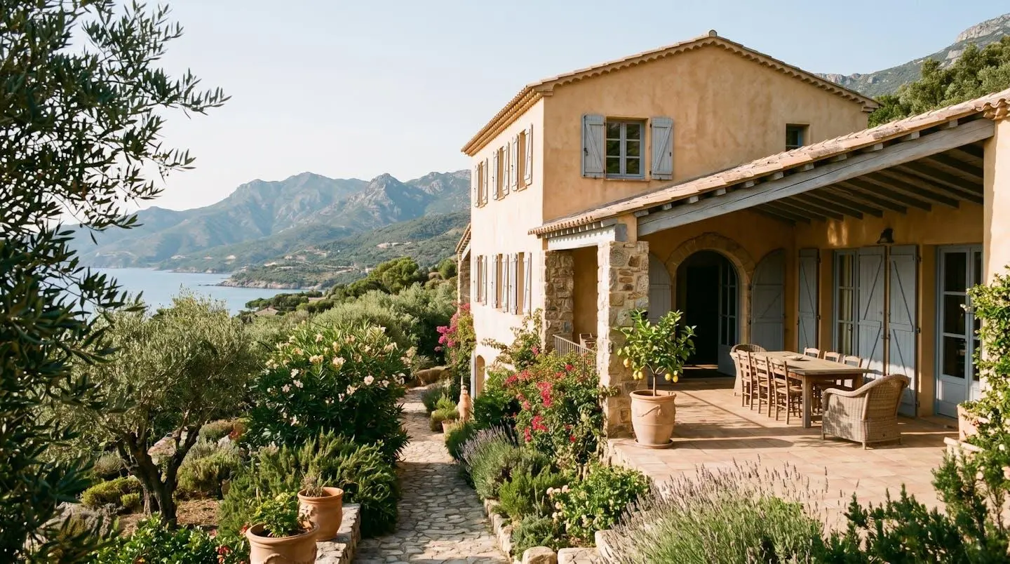 Villa méditerranéenne en Balagne avec façade ocre, volets bois, terrasse ombragée et vue sur le paysage corse, végétation d'oliviers et lauriers