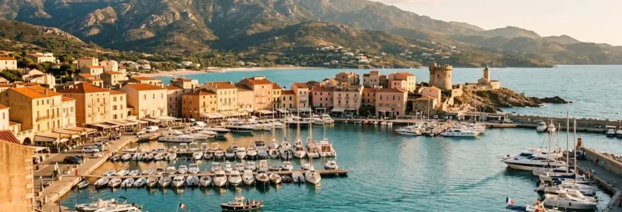 Vue panoramique du port de L'Île-Rousse en Corse au coucher du soleil, avec les façades colorées du front de mer, les bateaux dans le port et les eaux turquoise de la baie, montagnes de Balagne en arrière-plan