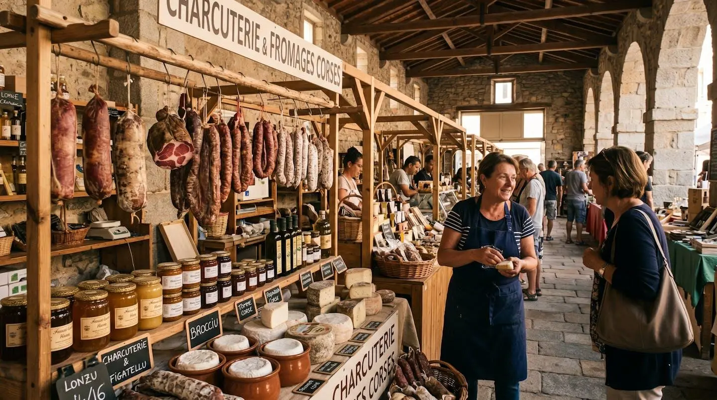 Intérieur du marché couvert de l'Île-Rousse avec étals de charcuterie corse, fromages locaux et produits du terroir, vendeur en tablier et clients en train d'acheter sous lumière naturelle
