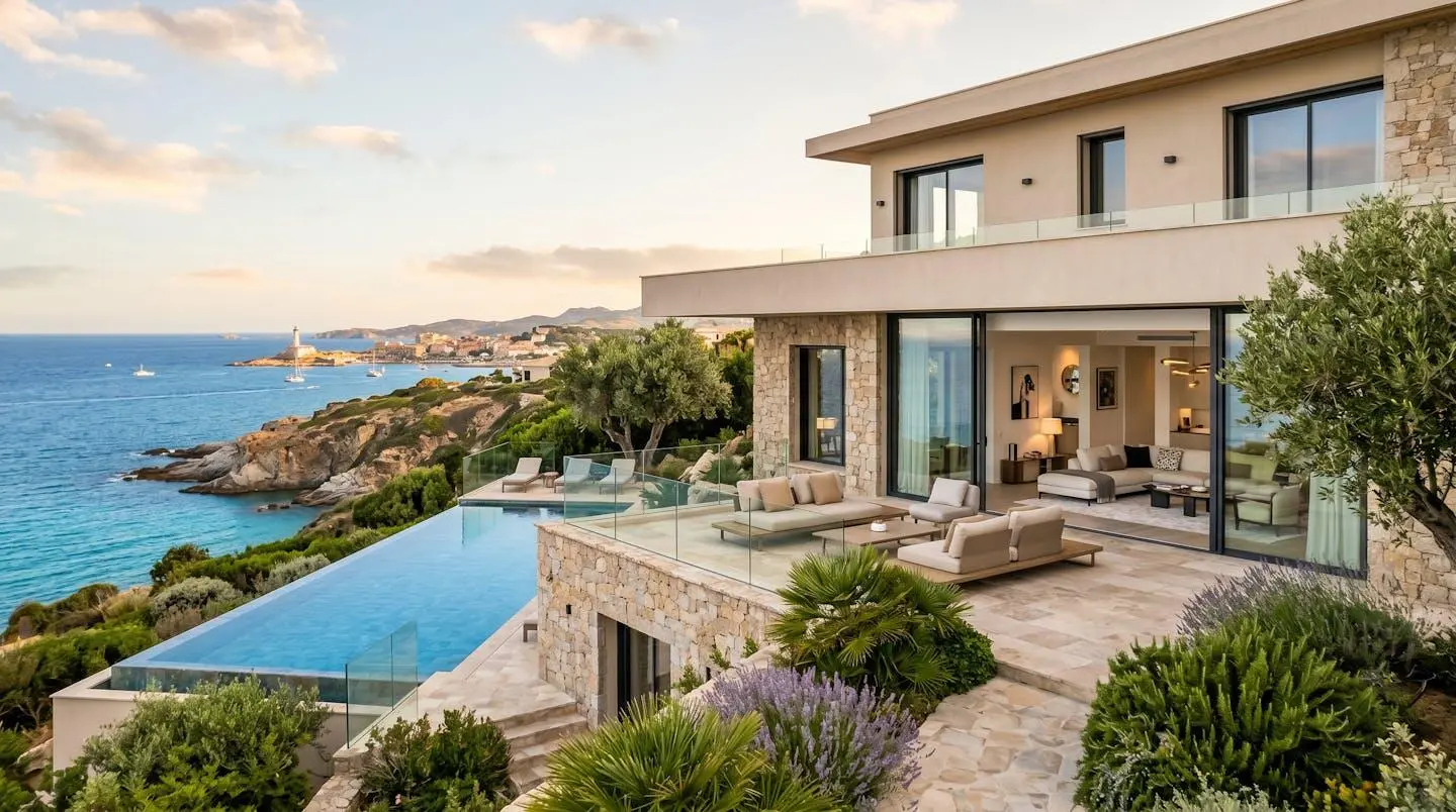 Villa de prestige en bord de mer à l'Île-Rousse avec architecture contemporaine, terrasse aménagée, piscine à débordement vue Méditerranée et végétation méditerranéenne sous lumière dorée