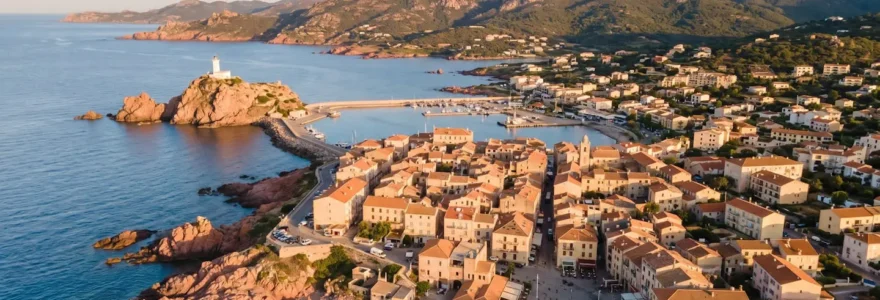Vue aérienne de l'Île-Rousse en Corse montrant la ville avec ses toits ocre, le phare blanc de la Pietra, les rochers de granite rose et la mer Méditerranée bleue en lumière dorée de fin d'après-midi